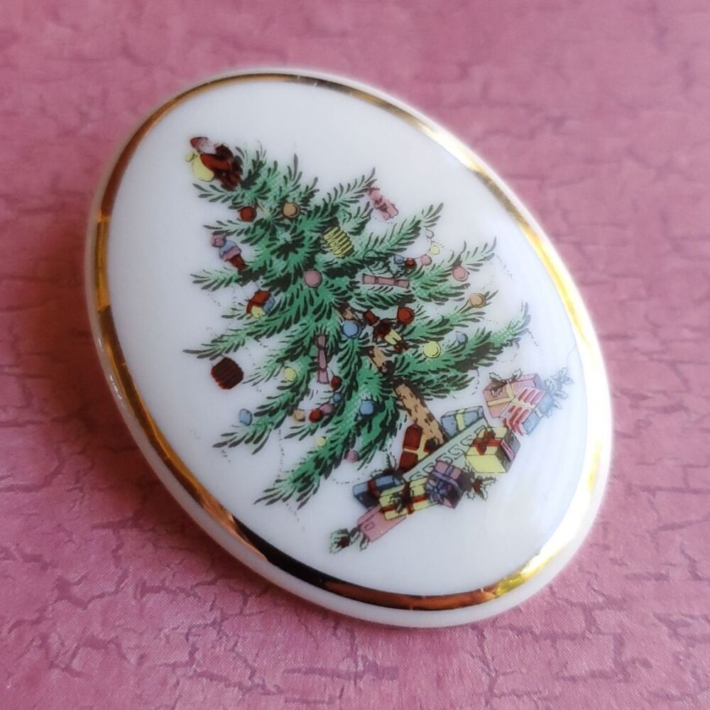 Spode Christmas Tree Brooch Cheer Pin Small Oval Holiday Signed Retro